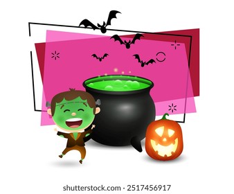 Glücklicher Junge im Zombie-Kostüm, kochender Trank im Kaldron und Kürbislaterne. Fliegende Fledermäuse auf Hintergrund. Einladung oder Banner-Design. Halloween-Konzept. Vektorgrafik für Poster, Postkarte, Banner