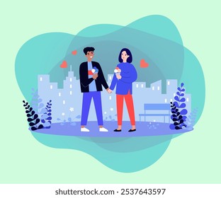 Happy boyfriend and girlfriend eating ice cream in park. Interracial couple holding hands and eating sweet snacks vector illustration. Food, desserts, outdoor activity, love, summer concept