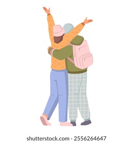 Happy boyfriend and girlfriend on date, isolated couple back. Vector flat cartoon character, people in love traveling. Man with bag, woman stretching hands, hugging lovers on trip adventure