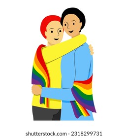 Happy boys couple with rainbow flag during pride month