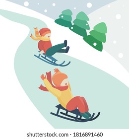 Happy Boys dressed in warm clothing sledding on slope. Winter activity sledge sport. Mountains, spruces, winter landscape. Cute flat cartoon vector illustration. New year style, holidays vibes.