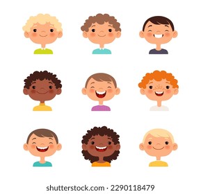 Happy boys faces. Preteen blond brunette brown hair and redhead laughing kids, smiling children friends portraits