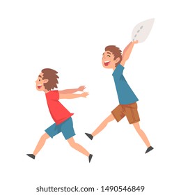 Happy Boys Fighting with Pillow, Naughty, Rowdy Children, Bad Child Behavior Vector Illustration