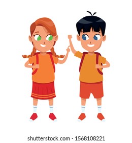 happy boys and girl wearing school uniforms over white background, vector illustration