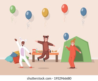 Happy boys and girls in bear and rabbit costumes having fun indoor at kids party vector flat illustration. Children celebrating birthday at home or kindergarten party with fast food and soda.