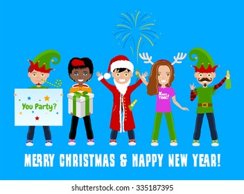Happy boys and girls celebrate Christmas dressed like Santa Claus and elves with champagne and gifts