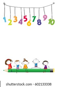 Happy boys and girls with colorful numbers and crayon