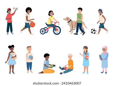 Happy boys and girls of different nationalities play, walk and do sports. Vector set of school children isolated on white background.