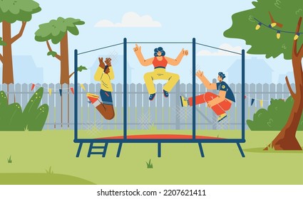 Happy boys and girls having fun jumping on the trampoline. Trampolining park entertainment and acrobatic sport activity, flat cartoon vector illustration.