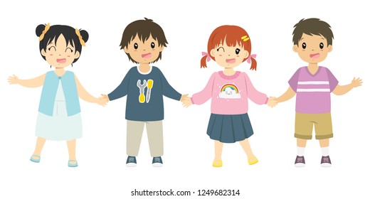 Happy boys and girls holding hands, with different clothes and hairstyles. Children cartoon vector