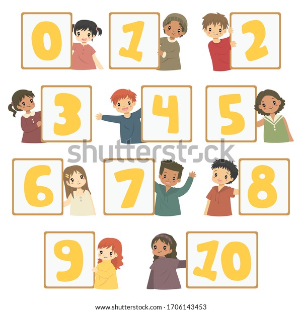 Happy boys and girls holding a\
whiteboard with number. Kids holding number boards vector\
set.