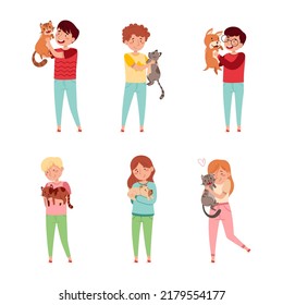 Happy boys and girls hugging their pets set. Teenagers holding cats and dogs in their hands cartoon vector illustration