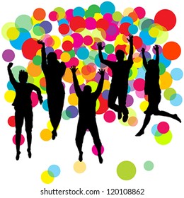 Happy boys and girls jumping over colored balls background