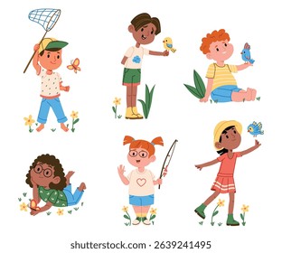 Happy boys and girls kids cartoon characters enjoying springtime fun activity isolated set. Children playing outdoors, discovering nature, catching butterfly, going for fish vector illustration