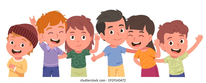 Happy Boys, Girls Kids Friends Persons Group Portrait. Children Characters Standing Together Smiling, Embracing, Posing, Waving Hands, Showing Gestures. Childhood Friendship Flat Vector Illustration