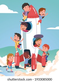 Happy boys, girls kids team playing climbing boarding big toy rocket together. Children friends persons cartoon characters playing astronauts looking out of spaceship. Flat vector concept illustration