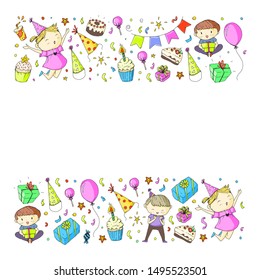 Happy boys and girls. Little kindergarten preschool children. Birthday party celebration. Icons for banners, posters, invitation.