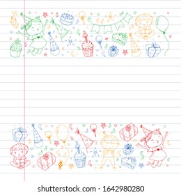 Happy boys and girls. Little kindergarten preschool children. Birthday party celebration. Icons for banners, posters, invitation.