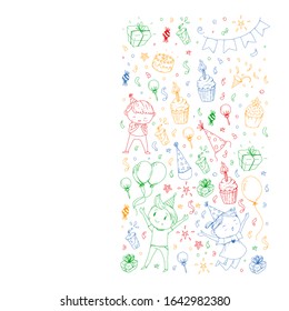 Happy boys and girls. Little kindergarten preschool children. Birthday party celebration. Icons for banners, posters, invitation.