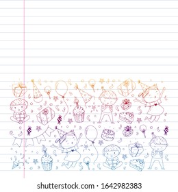 Happy boys and girls. Little kindergarten preschool children. Birthday party celebration. Icons for banners, posters, invitation.