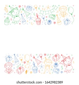 Happy boys and girls. Little kindergarten preschool children. Birthday party celebration. Icons for banners, posters, invitation.