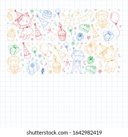 Happy boys and girls. Little kindergarten preschool children. Birthday party celebration. Icons for banners, posters, invitation.