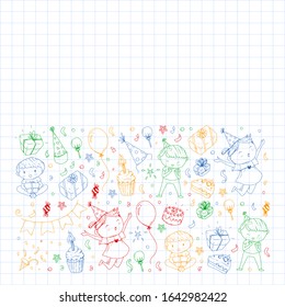Happy boys and girls. Little kindergarten preschool children. Birthday party celebration. Icons for banners, posters, invitation.