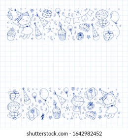 Happy boys and girls. Little kindergarten preschool children. Birthday party celebration. Icons for banners, posters, invitation.