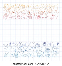 Happy boys and girls. Little kindergarten preschool children. Birthday party celebration. Icons for banners, posters, invitation.