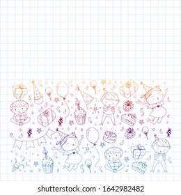 Happy boys and girls. Little kindergarten preschool children. Birthday party celebration. Icons for banners, posters, invitation.