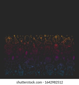 Happy boys and girls. Little kindergarten preschool children. Birthday party celebration. Icons for banners, posters, invitation.