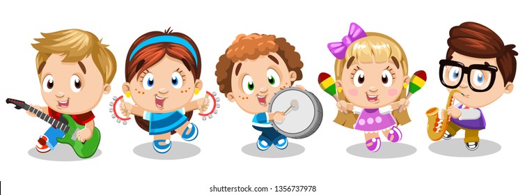 Happy boys and girls playing musical instruments: guitar, shakers, drum, saxophone in a band. Concept of musical school, performance, concert, development of children`s talents, skills. Cartoon set.