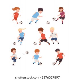 Happy boys and girls playing soccer. Little children play football. Healthy sport team game, have fun together. Cartoon kids in action, kick the soccer ball vector isolated illustrations set on white