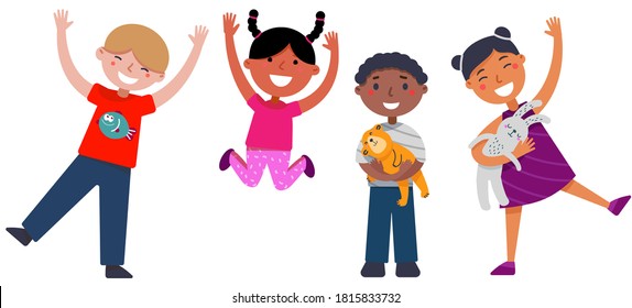 Happy Boys and girls are playing together. Group of Multicultural happy children waving. Flat desidn Vector illustration