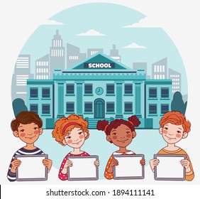 Happy boys and girls showing blank digital tablet screen. Cute kids using tablets. Back to school vector concept