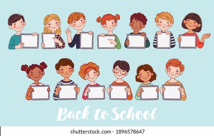 Happy boys and girls showing blank digital tablet screen. Cute kids using tablets. Back to school vector concept
