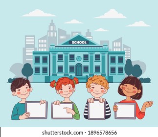 Happy boys and girls showing blank digital tablet screen. Cute kids using tablets. Back to school vector concept