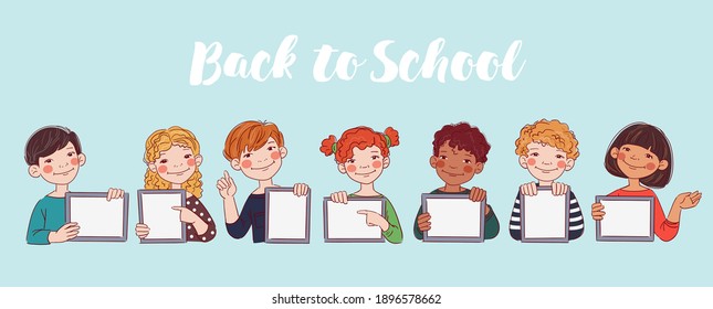 Happy boys and girls showing blank digital tablet screen. Cute kids using tablets. Back to school vector concept