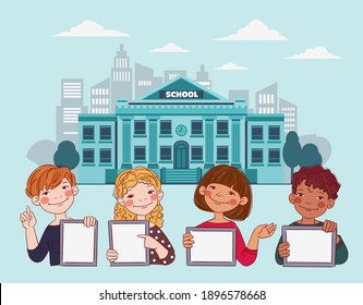 Happy boys and girls showing blank digital tablet screen. Cute kids using tablets. Back to school vector concept