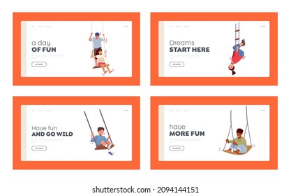 Happy Boys and Girls Swing Landing Page Template Set. Little Children Characters Sitting on Rope Teeterboard Enjoying Recreation and Freedom. Kids on Playground. Cartoon Vector Illustration