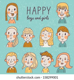 Happy boys and girls in vector set. 10 different cartoon faces in funny style. 