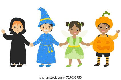 happy boys and girls wearing Halloween costumes and holding hands, cartoon vector for Halloween.