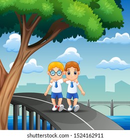 Happy boys going home after school illustration