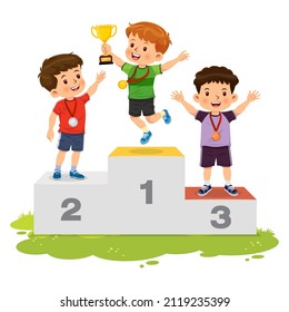 Happy boys with a gold medal, silver medal, and bronze medal, standing on the sport's winner's pedestal and holding a trophy. Vector illustration