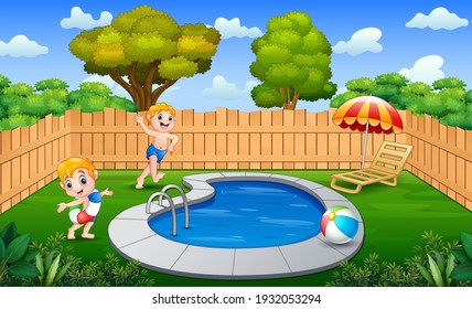 Happy boys having fun on the swimming pool