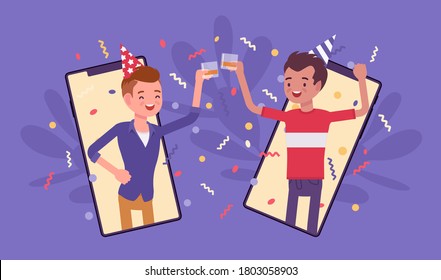 Happy boys hosting online party, gathering to celebrate by smartphone. Young men using mobile phone app to meet and hang out, virtual event on home isolation. Vector flat style cartoon illustration