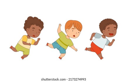 Happy boys jumping and running together set cartoon vector illustration