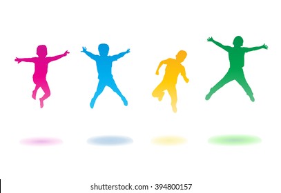 Happy Boys jumping. Vector illustration. Colorful silhouettes isolated on white background Children Holiday, school, Sport. For Art, Print, web graphic design.