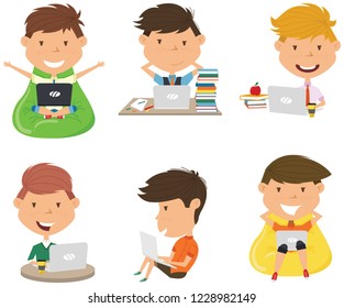 Happy boys with laptops. Students learn and do homework by computer. 