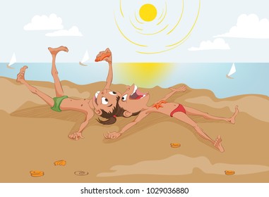 Happy Boys laying on a beach. Vector cartoon characters